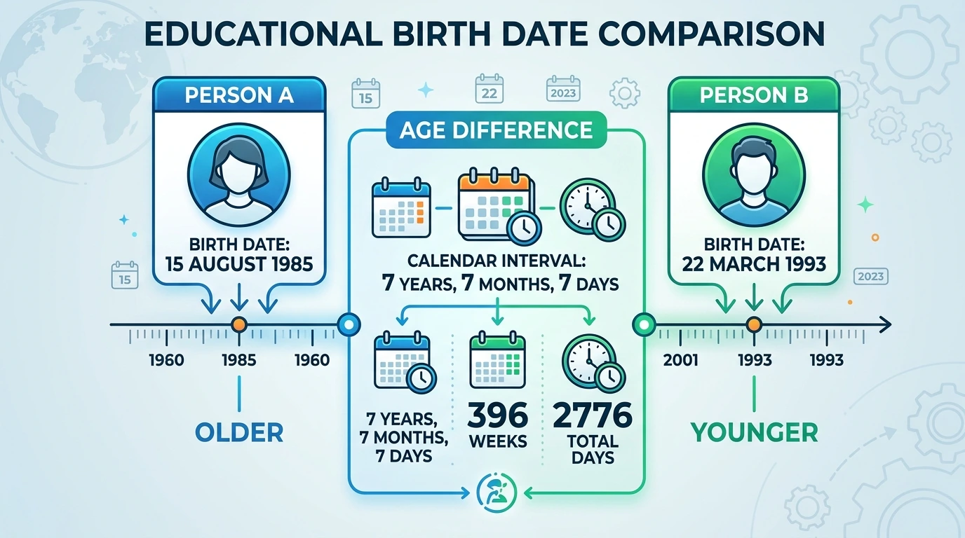Two birth dates connected on a timeline to show age difference